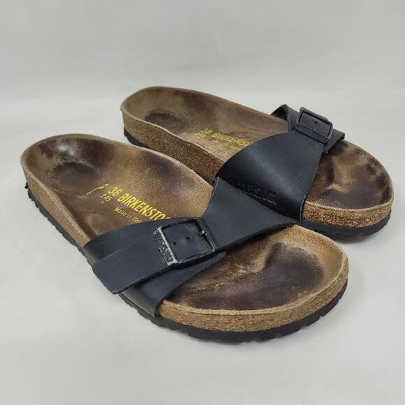 Birkenstock Sandals EU38 US7.5 Madrid Black Birko-Flor Slip On Slides Adjustable - Picture 1 of 10